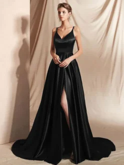 Robe de soirée en satin de soie stretch A-ligne col en V longueur au sol fendu devant
