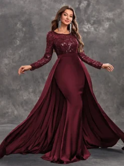 Robe de soirée en satin à paillettes robe de bal col en V avec traîne manches longues fermeture éclair tissu satiné robes de soirée formelles