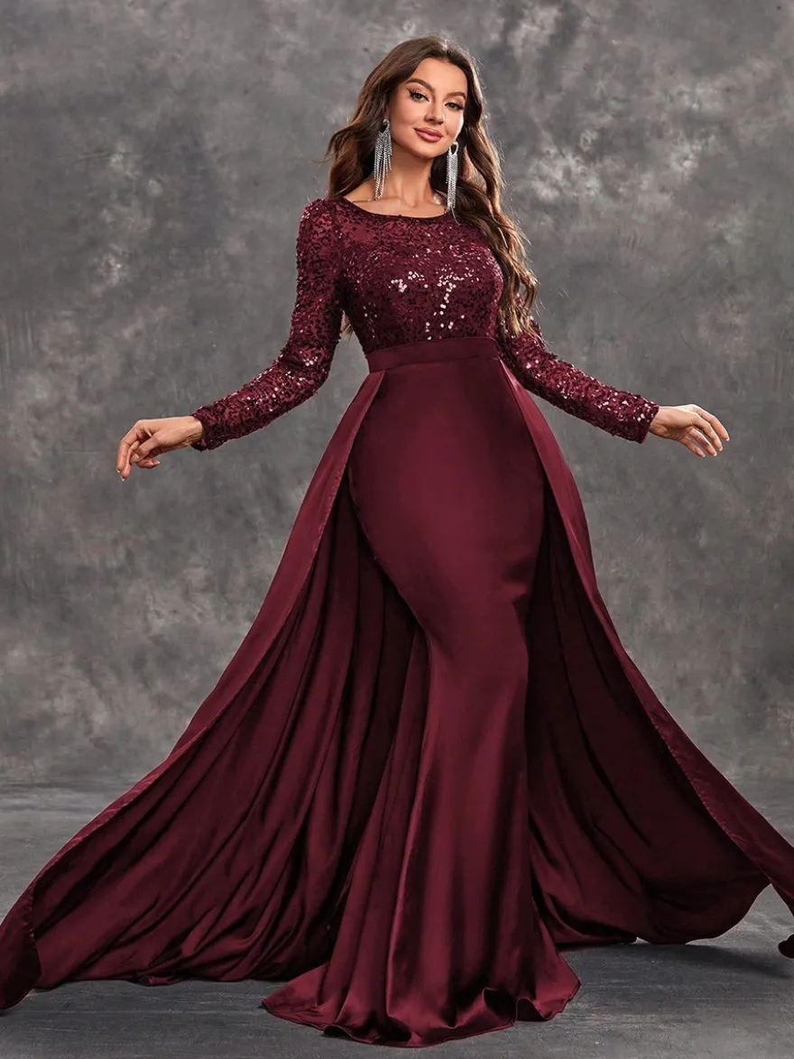 Robe de soirée en satin à paillettes robe de bal col en V avec traîne manches longues fermeture éclair tissu satiné robes de soirée formelles