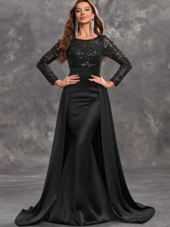 Robe de soirée en satin à paillettes robe de bal col en V avec traîne manches longues fermeture éclair tissu satiné robes de soirée formelles