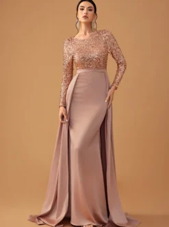 Robe de soirée en satin à paillettes robe de bal col en V avec traîne manches longues fermeture éclair tissu satiné robes de soirée formelles