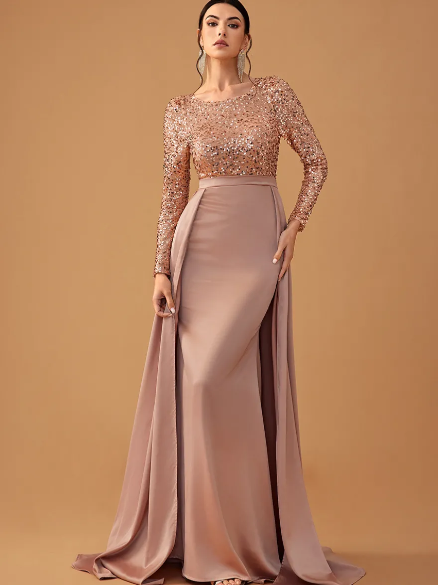 Robe de soirée en satin à paillettes robe de bal col en V avec traîne manches longues fermeture éclair tissu satiné robes de soirée formelles
