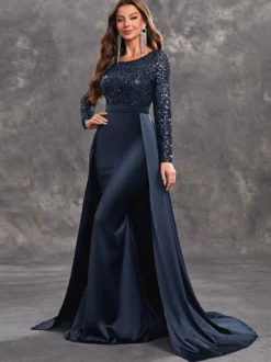 Robe de soirée en satin à paillettes robe de bal col en V avec traîne manches longues fermeture éclair tissu satiné robes de soirée formelles