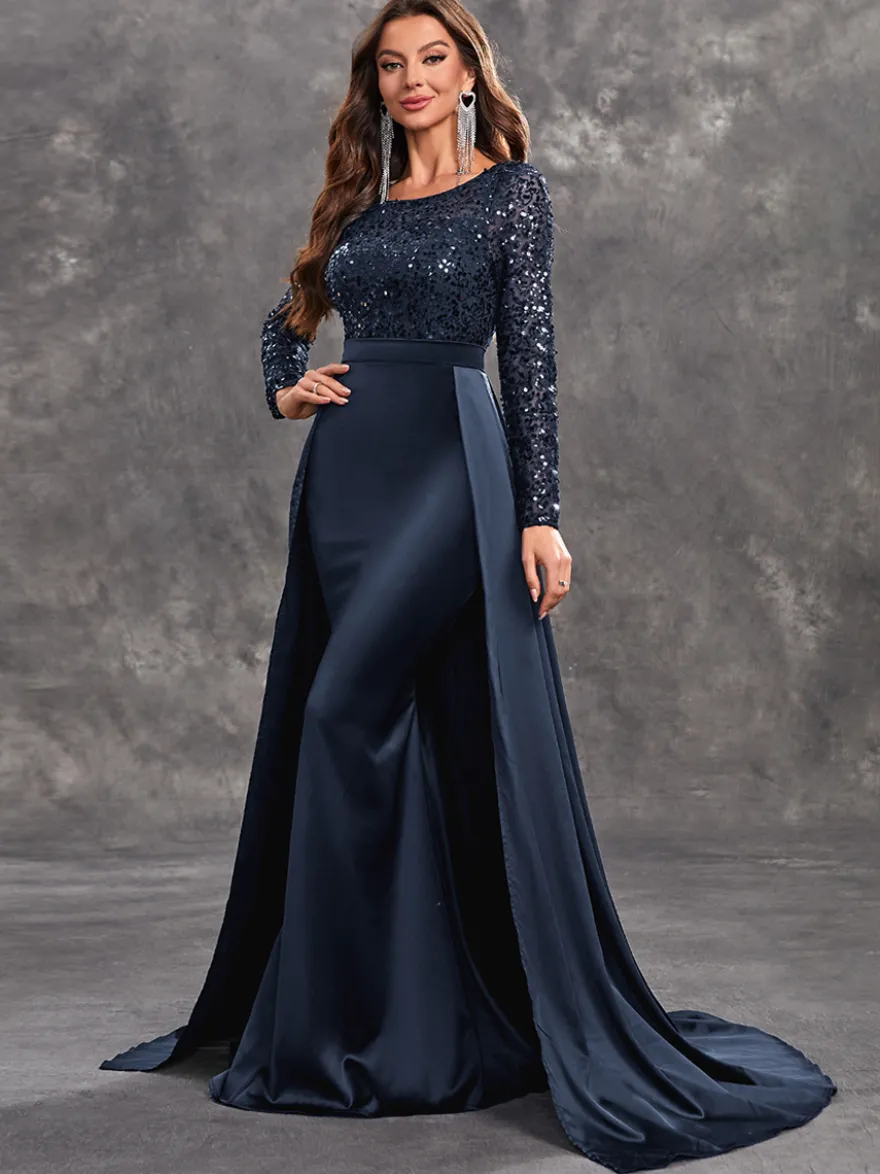Robe de soirée en satin à paillettes robe de bal col en V avec traîne manches longues fermeture éclair tissu satiné robes de soirée formelles