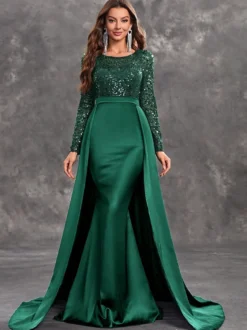 Robe de soirée en satin à paillettes robe de bal col en V avec traîne manches longues fermeture éclair tissu satiné robes de soirée formelles