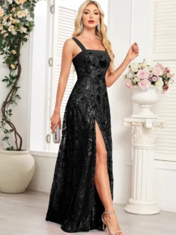 Robe de soirée femme sans manches brodée de fleurs et de sequins fente haute sur la cuisse fermeture éclair robe d'invitée de mariage