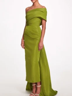 Robe de soirée fourreau asymétrique en taffetas longueur cheville plissée pour soirée sociale