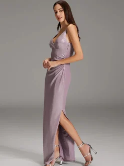Robe de soirée fourreau col en V en polyester longueur au sol plissée robes de soirée sociale