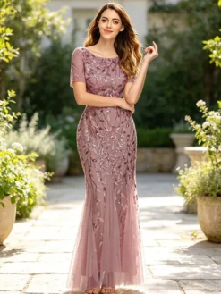 Robe de soirée fourreau à col rond et manches courtes ornée de sequins en tulle et tulle. Robes de cérémonie à sequins.