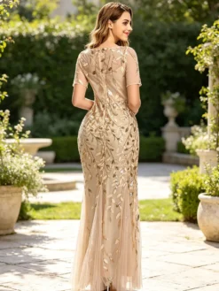 Robe de soirée fourreau à col rond et manches courtes ornée de sequins en tulle et tulle. Robes de cérémonie à sequins.