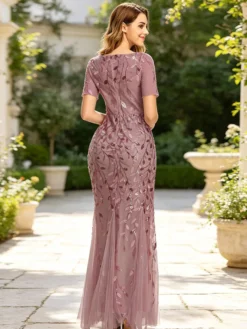 Robe de soirée fourreau à col rond et manches courtes ornée de sequins en tulle et tulle. Robes de cérémonie à sequins.