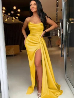 Robe de soirée fourreau en Satin tissé élastique col bateau avec traîne fendue sur le devant robes de soirée formelles