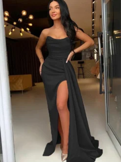 Robe de soirée fourreau en Satin tissé élastique col bateau avec traîne fendue sur le devant robes de soirée formelles