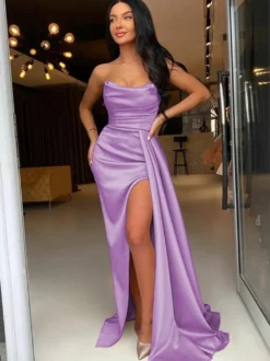 Robe de soirée fourreau en Satin tissé élastique col bateau avec traîne fendue sur le devant robes de soirée formelles