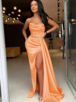 Robe de soirée fourreau en Satin tissé élastique col bateau avec traîne fendue sur le devant robes de soirée formelles