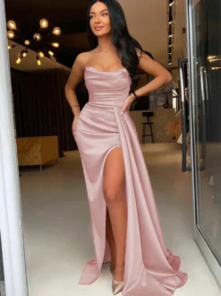 Robe de soirée fourreau en Satin tissé élastique col bateau avec traîne fendue sur le devant robes de soirée formelles