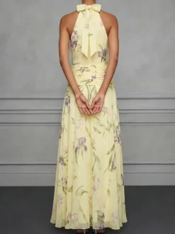 Robe de soirée longue en mousseline de soie à imprimé floral dos nu et taille froncée style licou pour une invitée de mariage