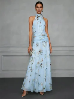 Robe de soirée longue en mousseline de soie à imprimé floral dos nu et taille froncée style licou pour une invitée de mariage