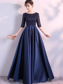 Robe de soirée longue marine marine Robe de soirée longue en dentelle Robe de soirée