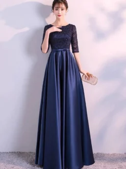 Robe de soirée longue marine marine Robe de soirée longue en dentelle Robe de soirée