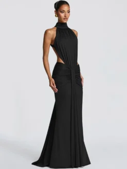 Robe de soirée longue marron café dos nu plissée sans manches chic et semi-formelle