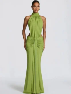Robe de soirée longue marron café dos nu plissée sans manches chic et semi-formelle