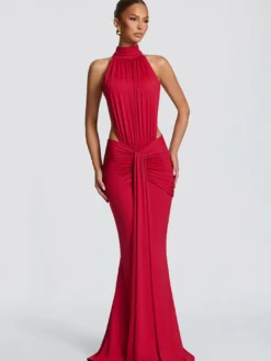 Robe de soirée longue marron café dos nu plissée sans manches chic et semi-formelle
