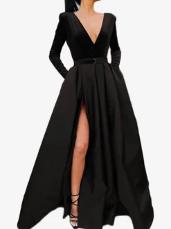 Robe de Soirée Longue Tissu de Satin Col V à Fente Manches Longues A Ligne Sexy
