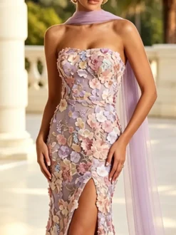 Robe de soirée longue trapèze brodée de fleurs