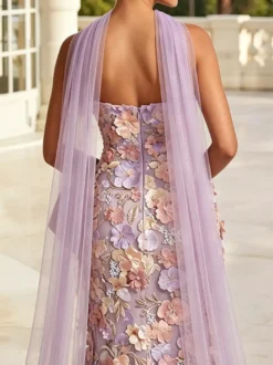 Robe de soirée longue trapèze brodée de fleurs