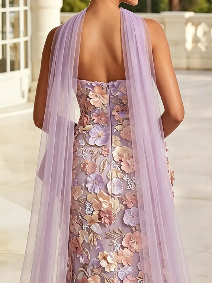 Robe de soirée longue trapèze brodée de fleurs