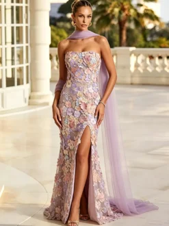 Robe de soirée longue trapèze brodée de fleurs