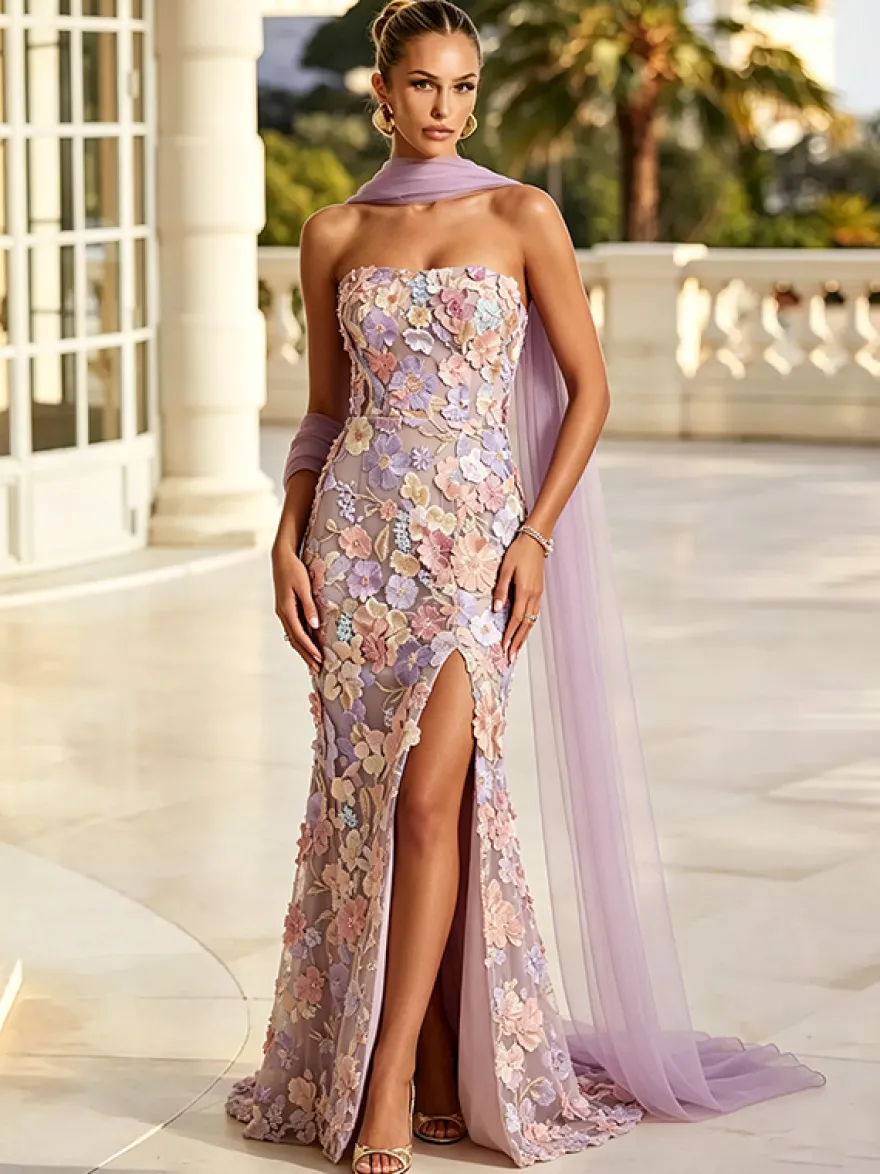Robe de soirée longue trapèze brodée de fleurs