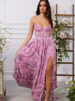 Robe de soirée longue à volants superposés et à bretelles fendues 2026