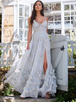 Robe de soirée longue à volants superposés et à bretelles fendues 2026