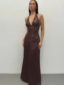 Robe de soirée marron café dos nu en dentelle sans manches robe sexy
