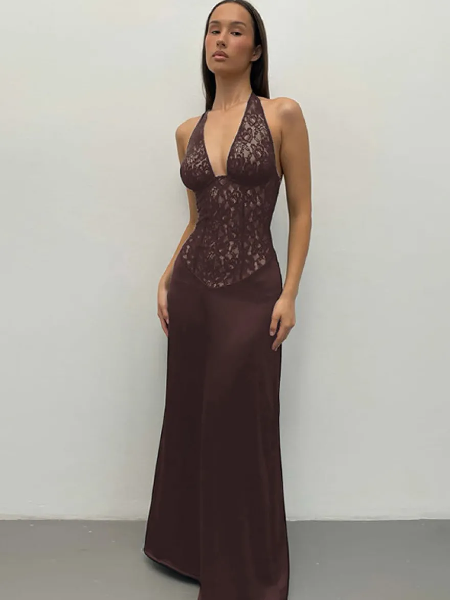 Robe de soirée marron café dos nu en dentelle sans manches robe sexy