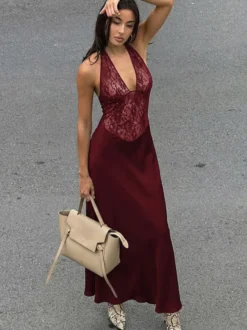 Robe de soirée marron café dos nu en dentelle sans manches robe sexy