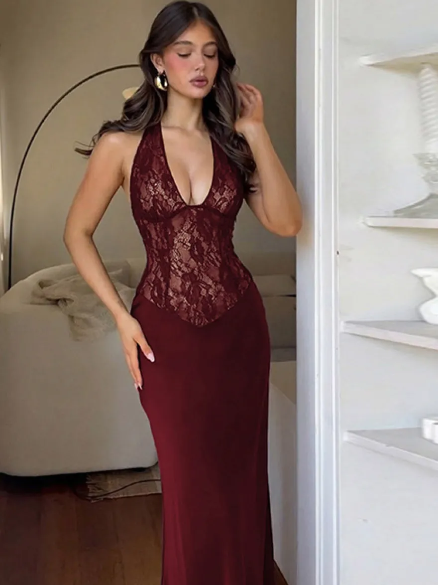 Robe de soirée marron café dos nu en dentelle sans manches robe sexy
