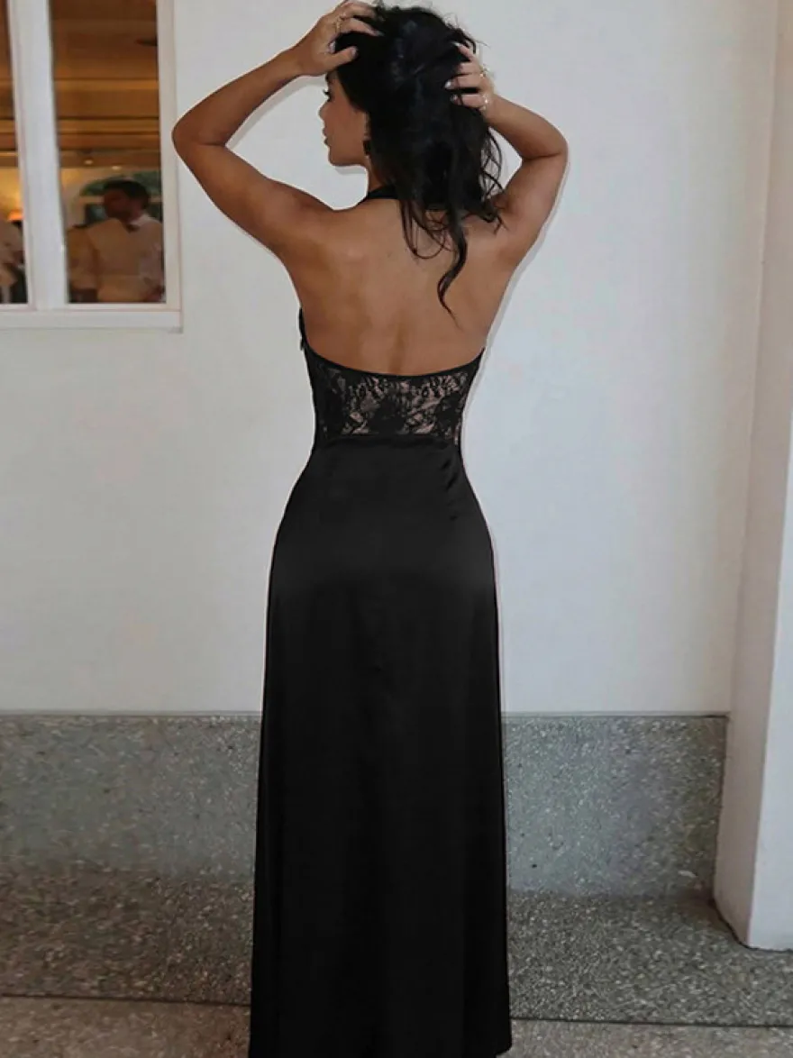 Robe de soirée marron café dos nu en dentelle sans manches robe sexy