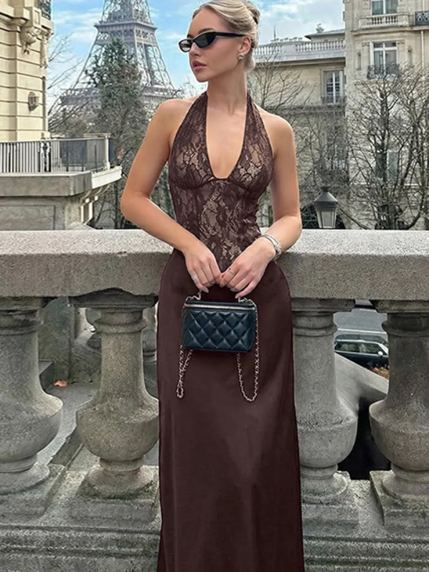 Robe de soirée marron café dos nu en dentelle sans manches robe sexy