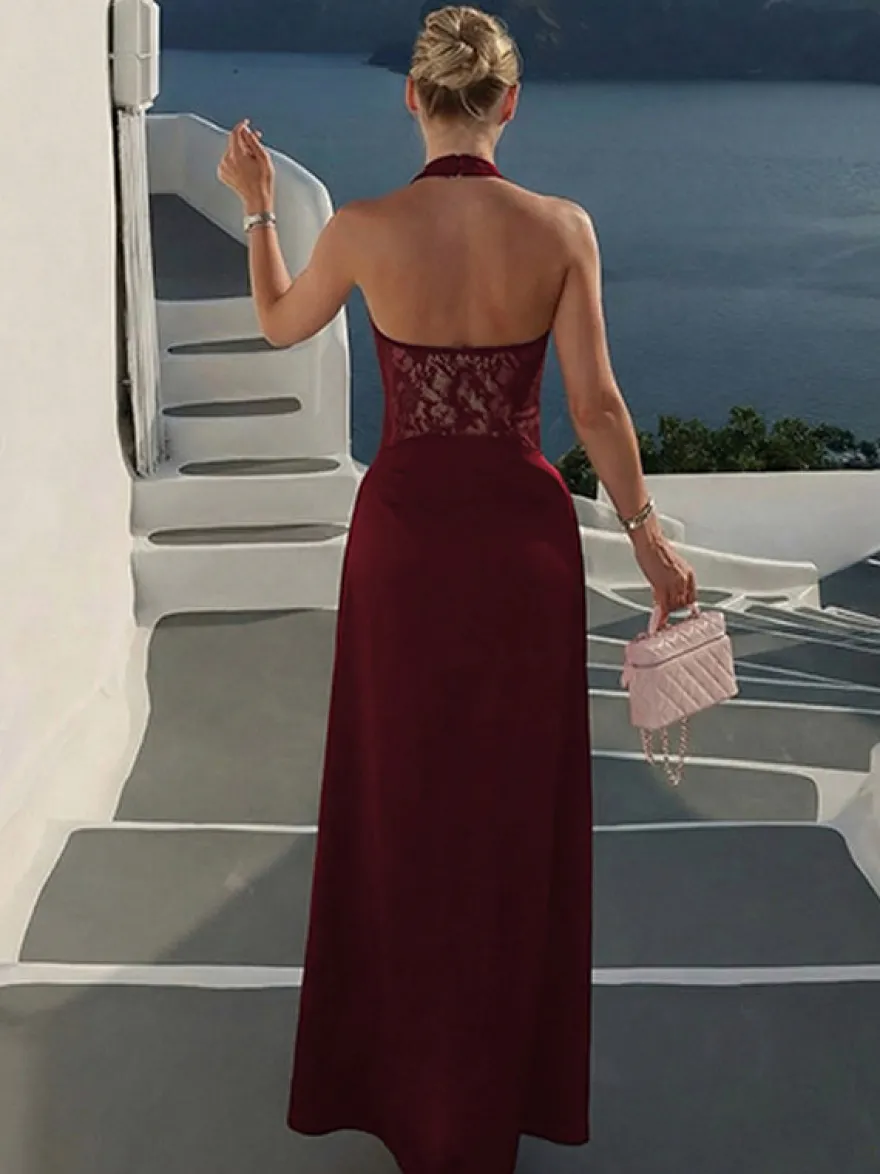 Robe de soirée marron café dos nu en dentelle sans manches robe sexy