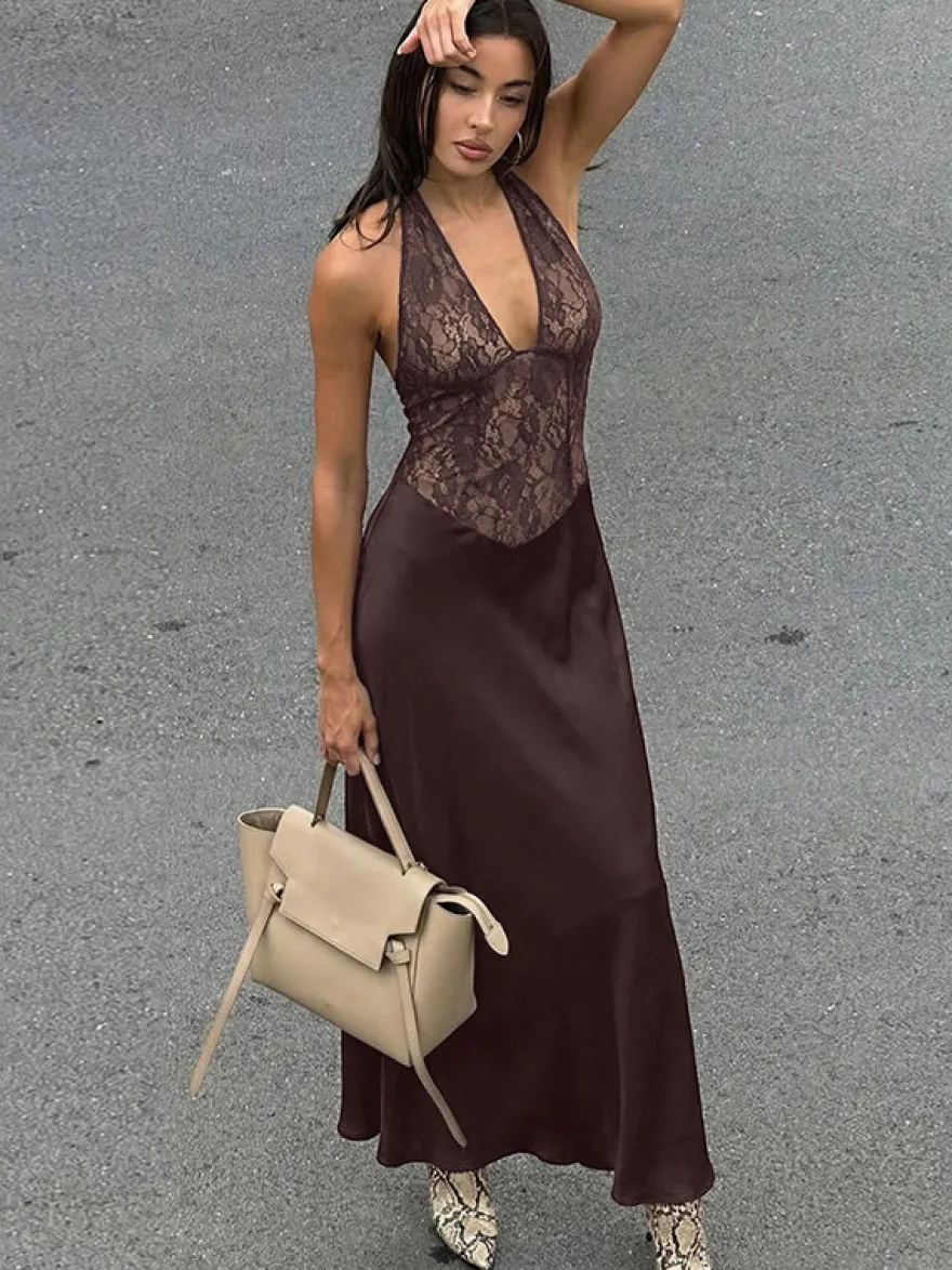 Robe de soirée marron café dos nu en dentelle sans manches robe sexy