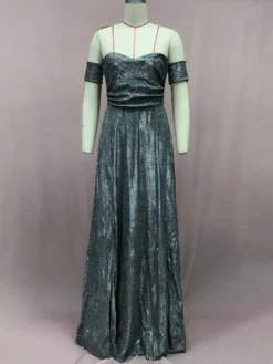Robe de soirée maxi bleue éblouissante à sequins col en V sans manches épaules dénudées style chic semi-formel