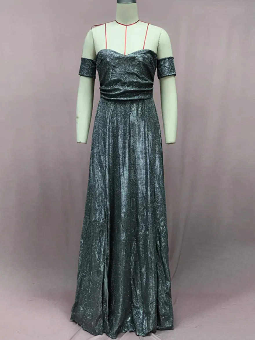 Robe de soirée maxi bleue éblouissante à sequins col en V sans manches épaules dénudées style chic semi-formel