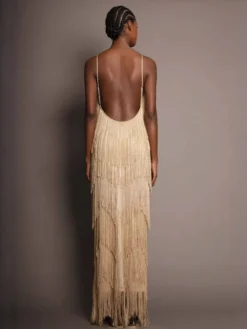 Robe de soirée maxi dorée à col V sans manches épaules dénudées robe d'été sexy et semi-formelle