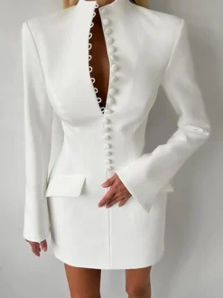 Robe de soirée mini élégante à col V poches boutonnées et coupe ajustée
