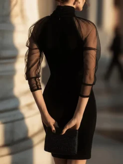 Robe de soirée mini manches longues col montant noir froncé col montant en maille transparente cintrée