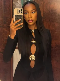 Robe de soirée mini noire à col bijou et manches longues découpées robe sexy semi-formelle