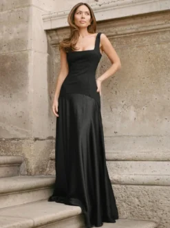 Robe de soirée noire sexy coupe trapèze col carré fermeture éclair